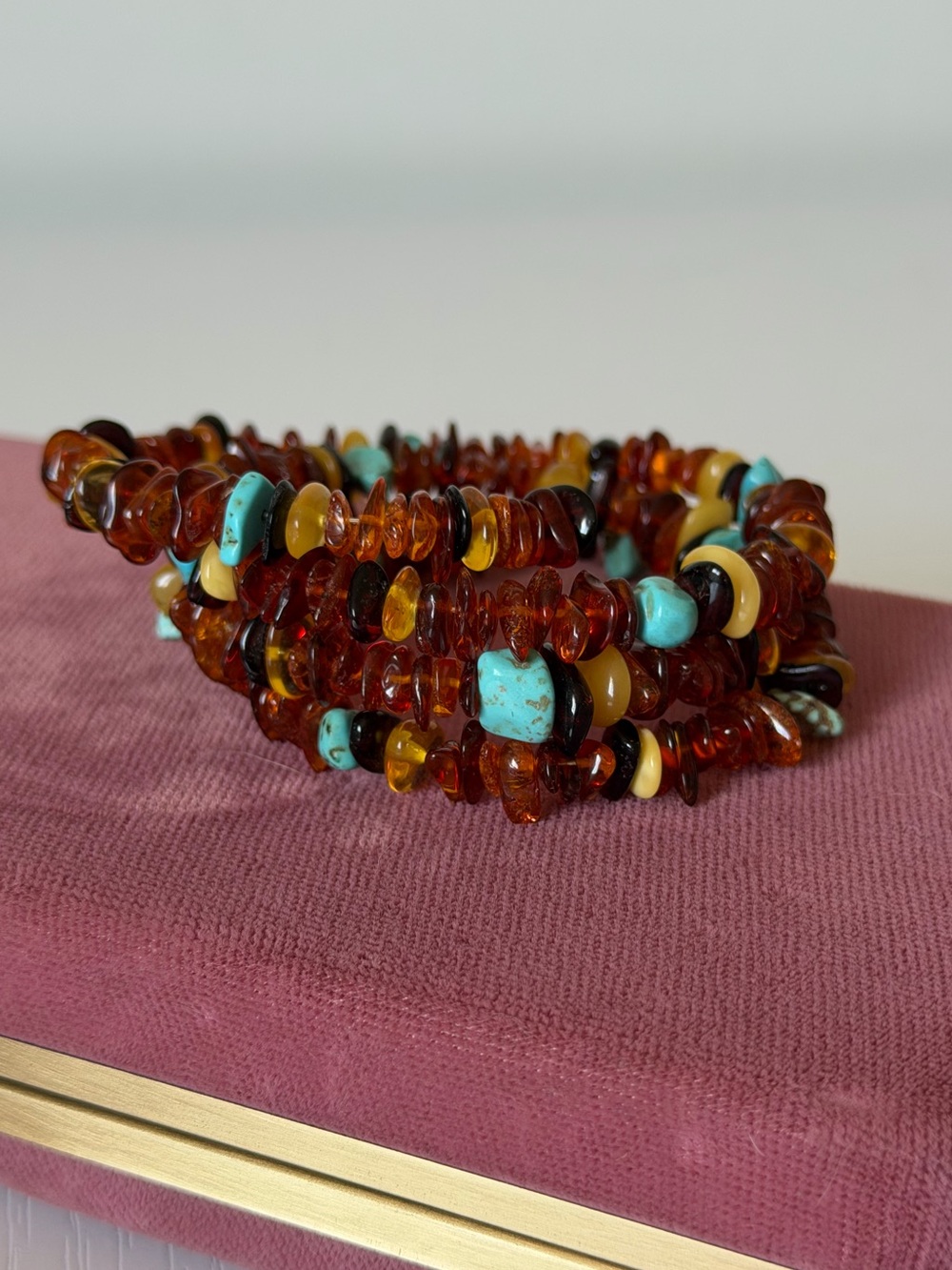 Vintage Style Multi Strand Amber & Turquoise Gemstone Chip Bracelet Boho
